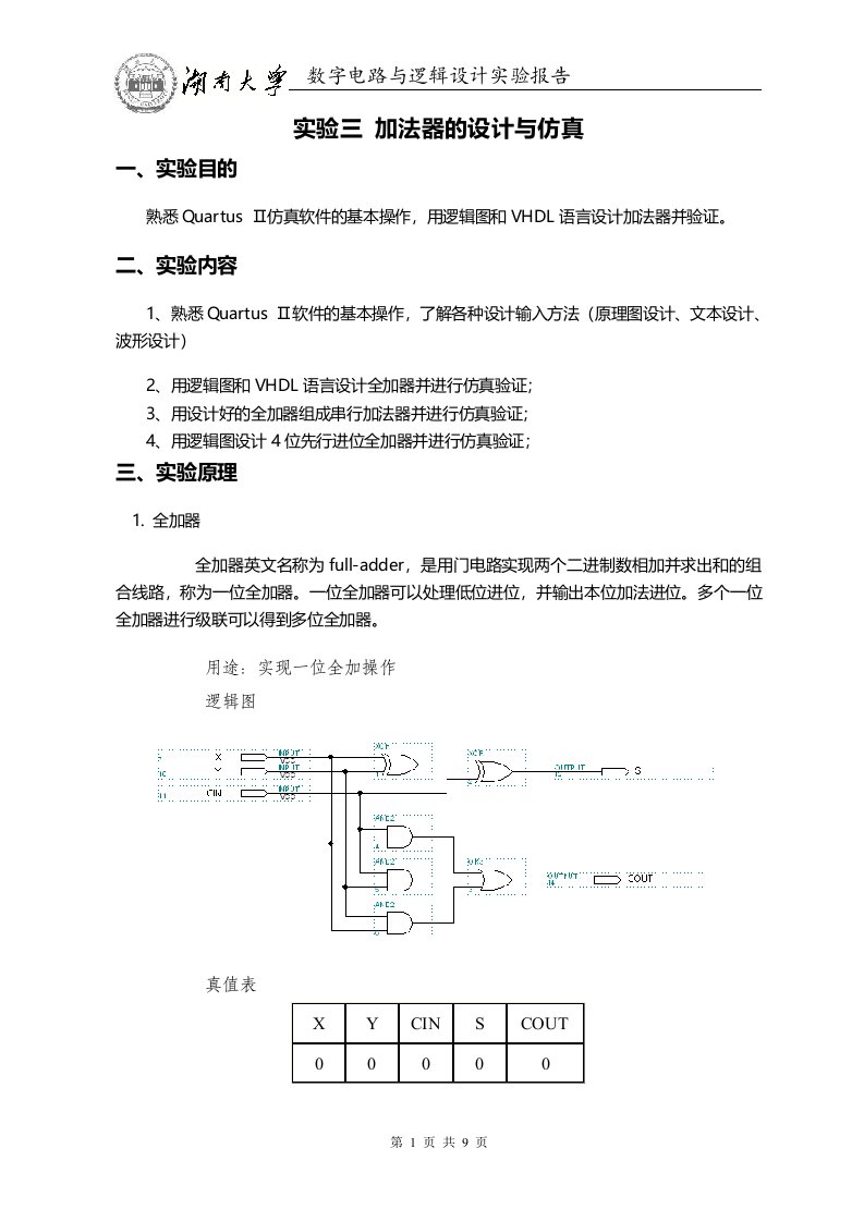 加法器实验报告