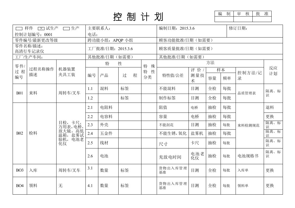 行车记录仪控制计划