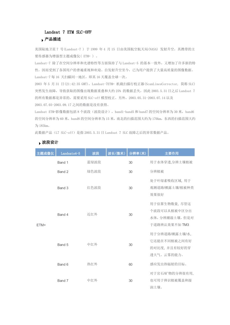 Landsat7ETMSLC-OFF和ETMSLC-ON数据描述