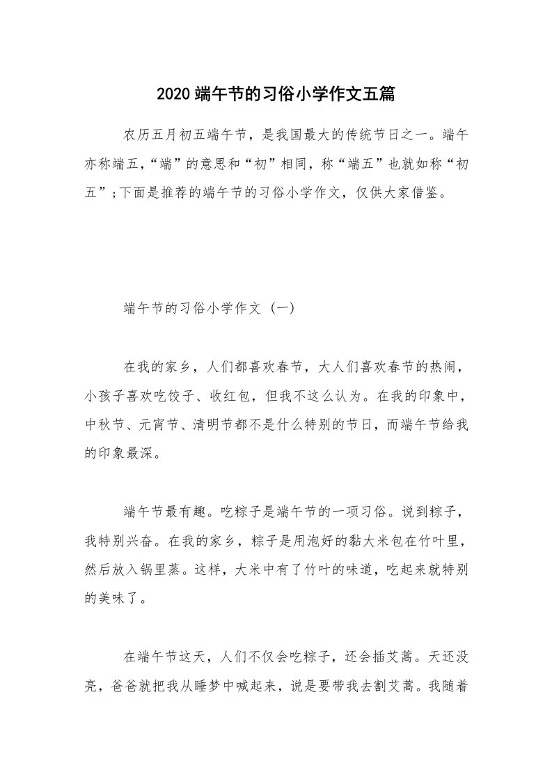 2020端午节的习俗小学作文五篇