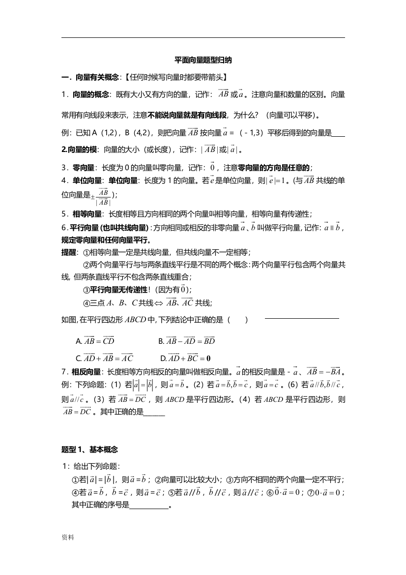 平面向量题型归纳总结