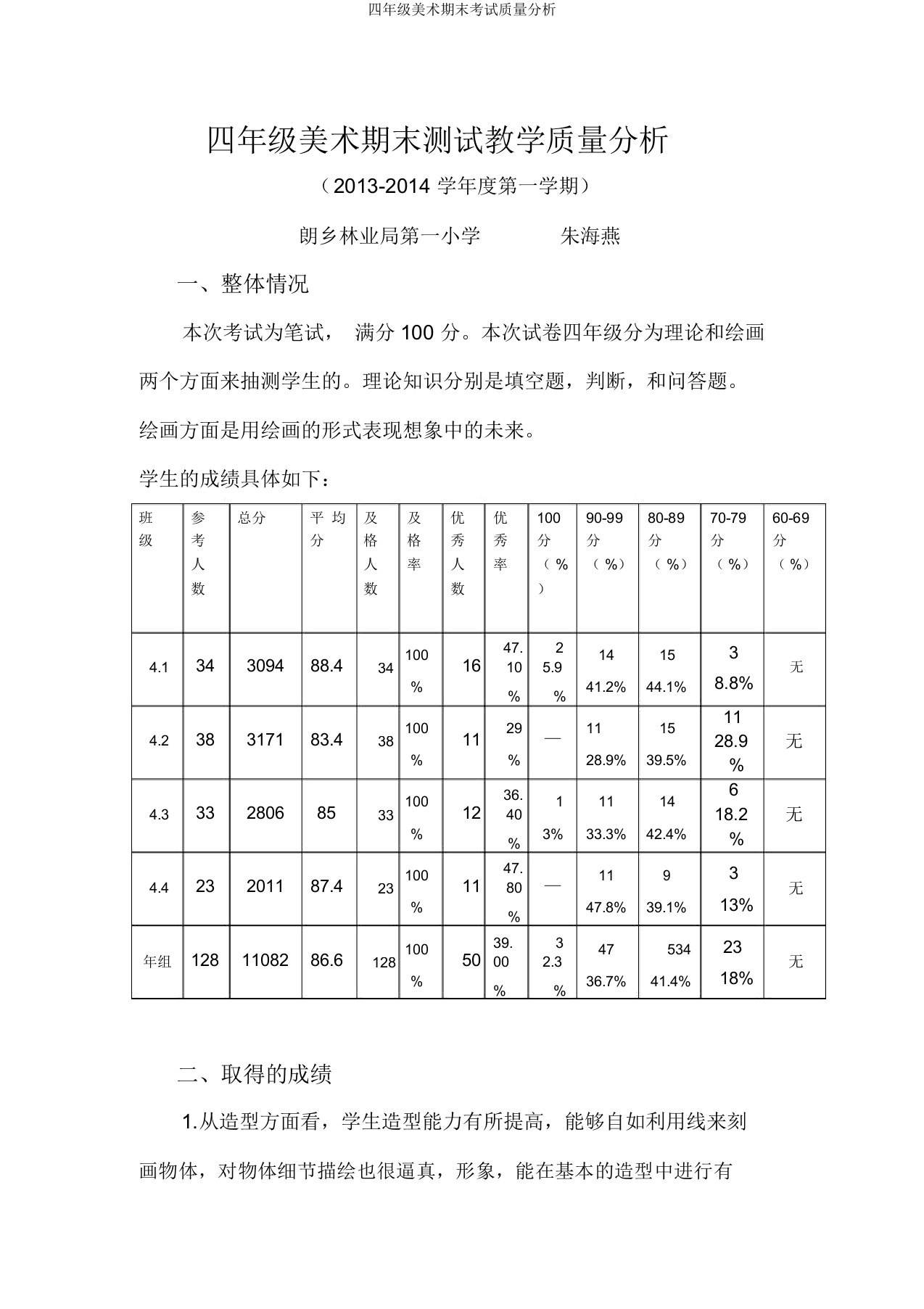 四年级美术期末考试质量分析