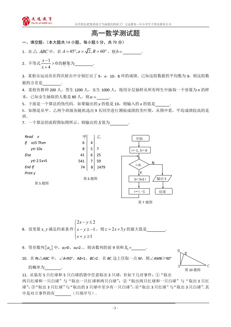 高一期末试卷(数学)