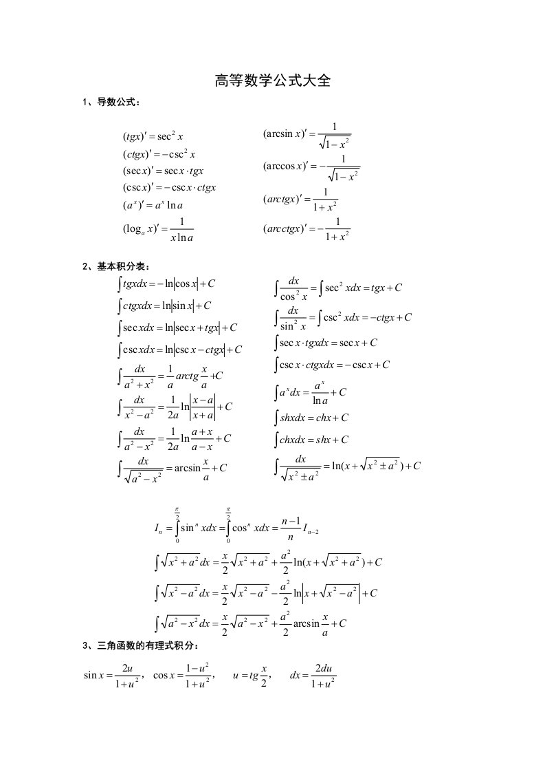 高等数学公式大全(几乎包含了所有)