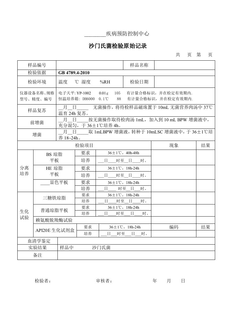 沙门氏菌检验原始记录