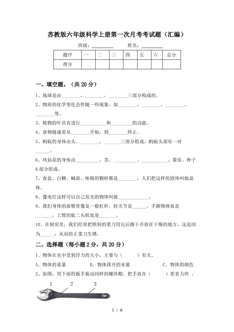 苏教版六年级科学上册第一次月考考试题汇编