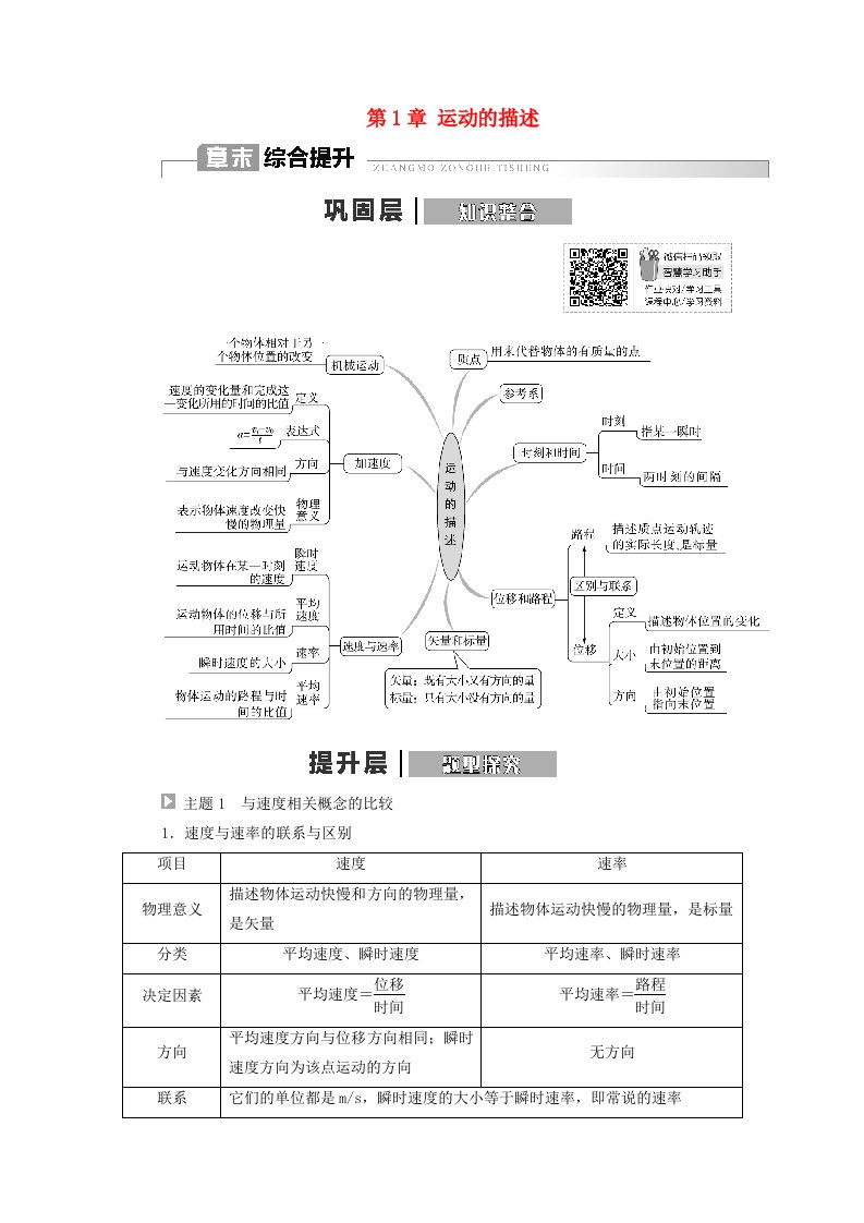 新教材2023年高中物理第1章运动的描述章末综合提升教师用书粤教版必修第一册