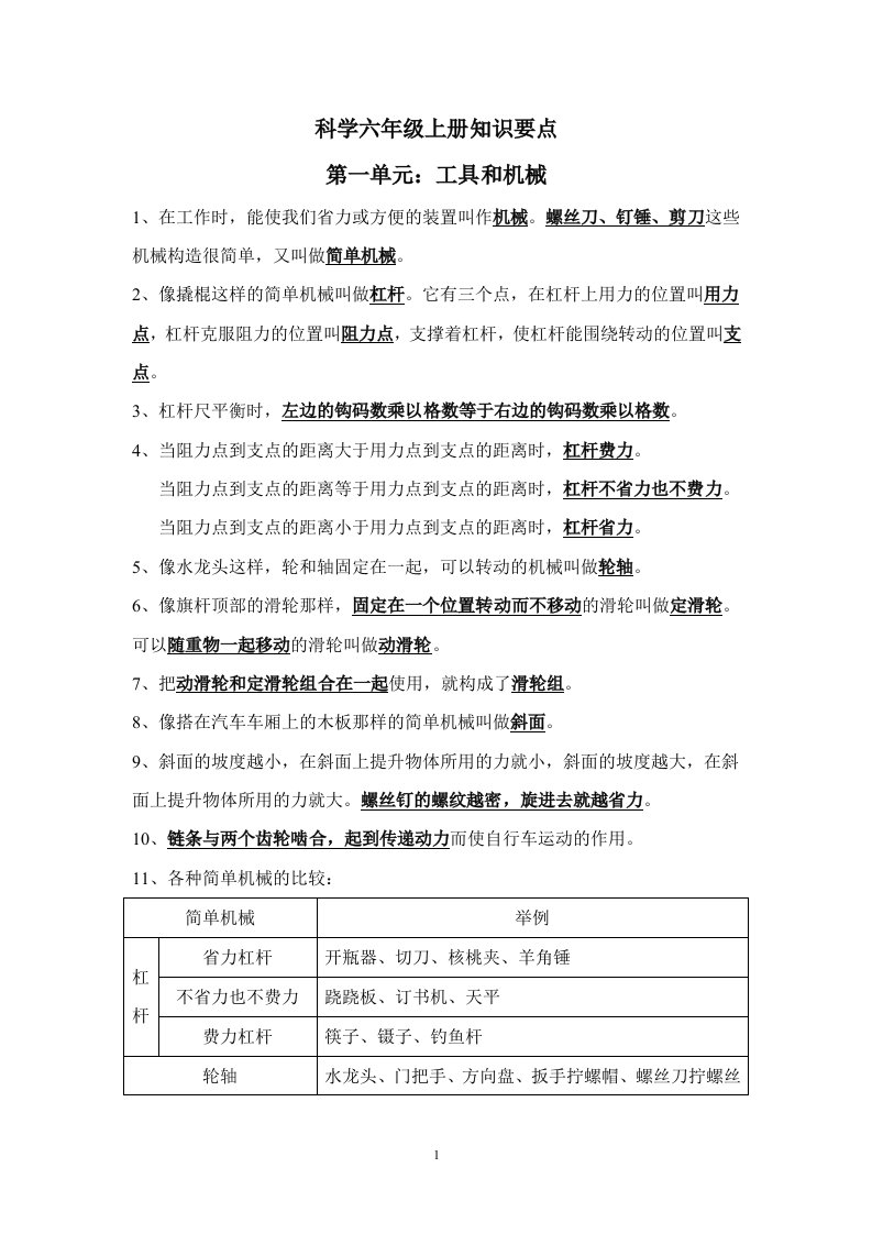 六年级科学上册知识要点