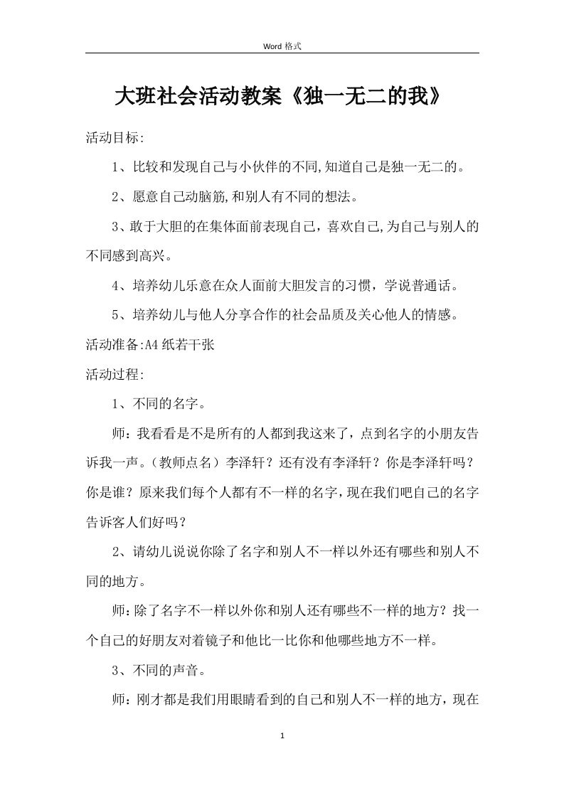 大班社会活动教案《独一无二的我》