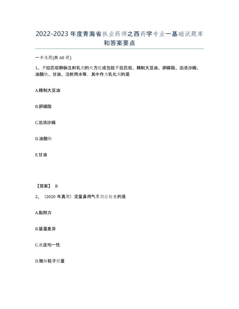 2022-2023年度青海省执业药师之西药学专业一基础试题库和答案要点