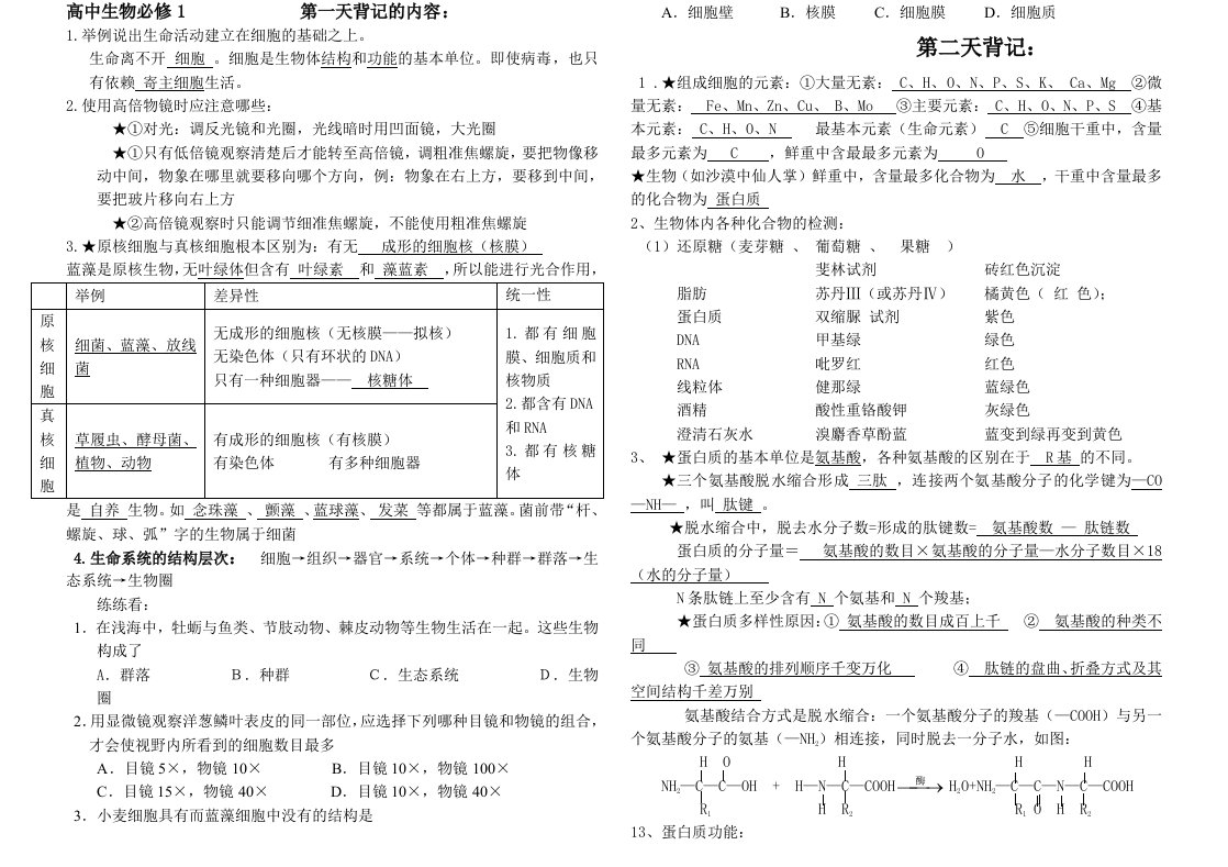 高中生物会考必修一知识点总结