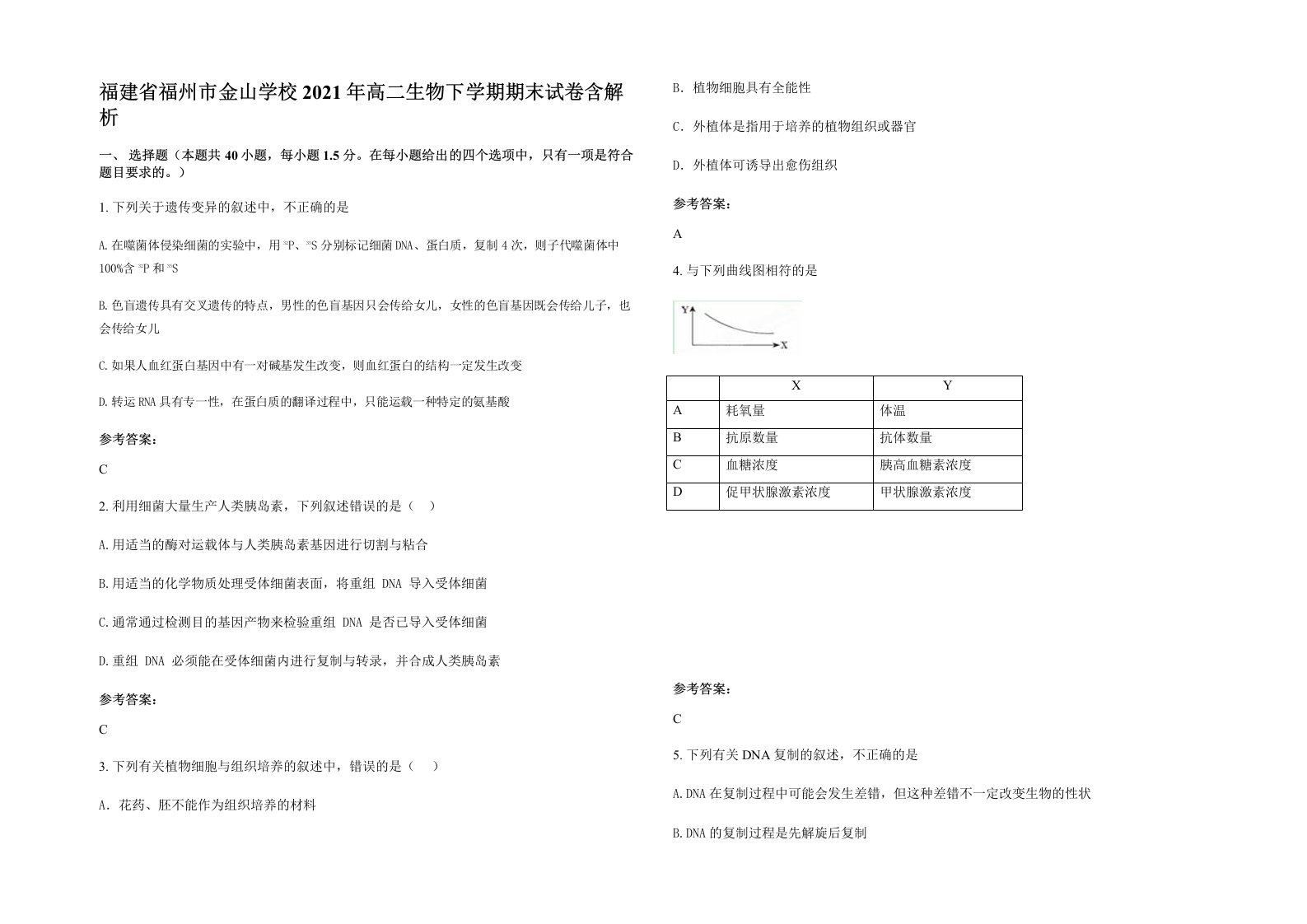 福建省福州市金山学校2021年高二生物下学期期末试卷含解析