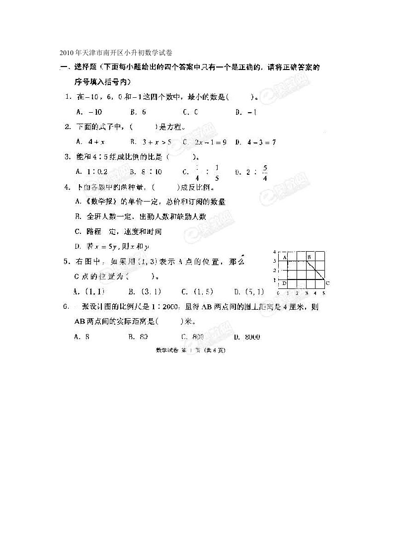 2010年天津市南开区小升初数学试卷