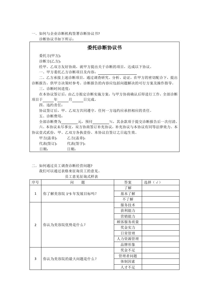 美容院经营问题调查诊断表