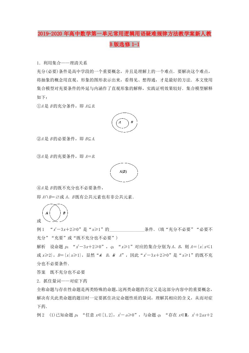 2019-2020年高中数学第一单元常用逻辑用语疑难规律方法教学案新人教B版选修1-1