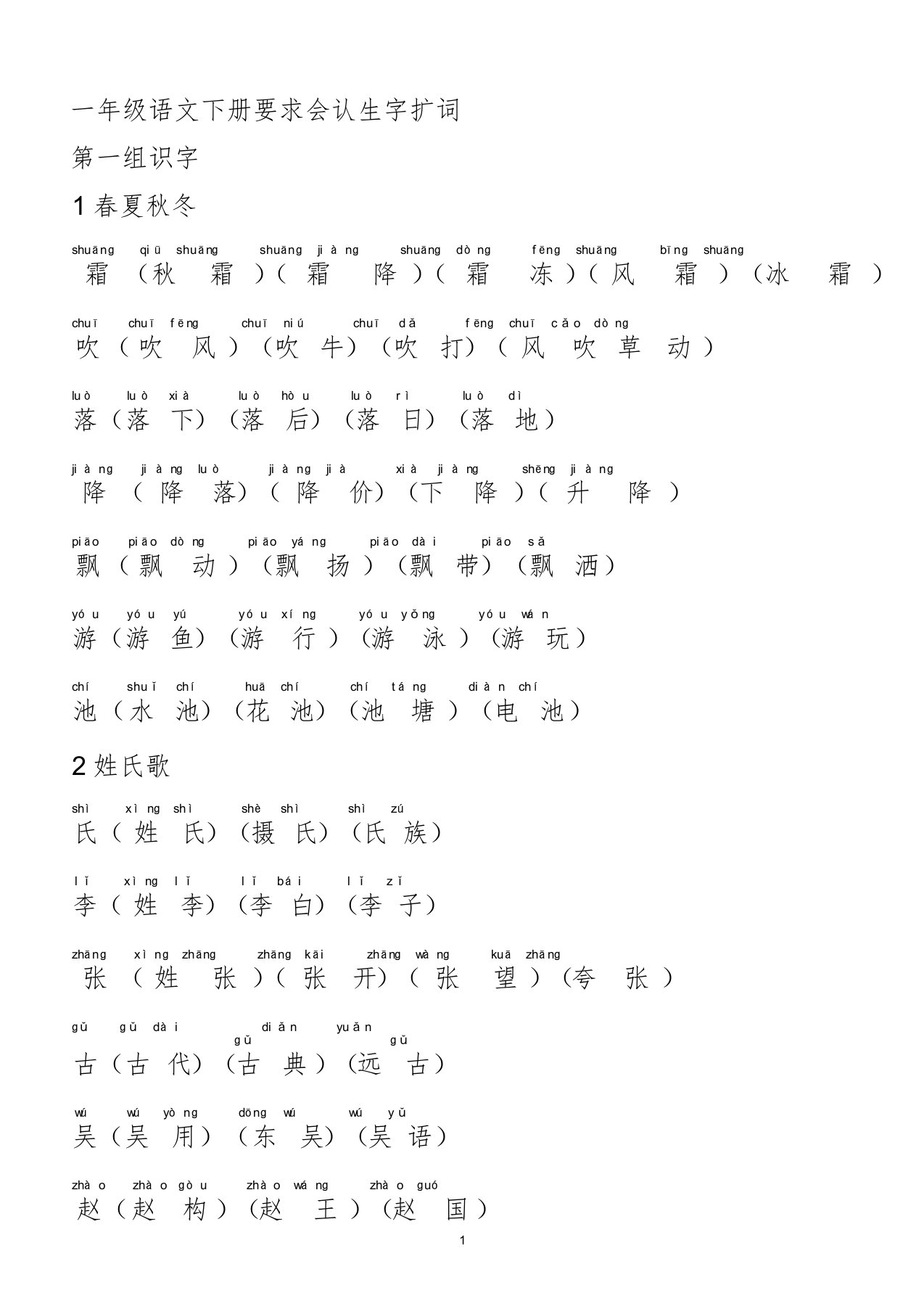 最新部编一年级语文下册要认的字扩词