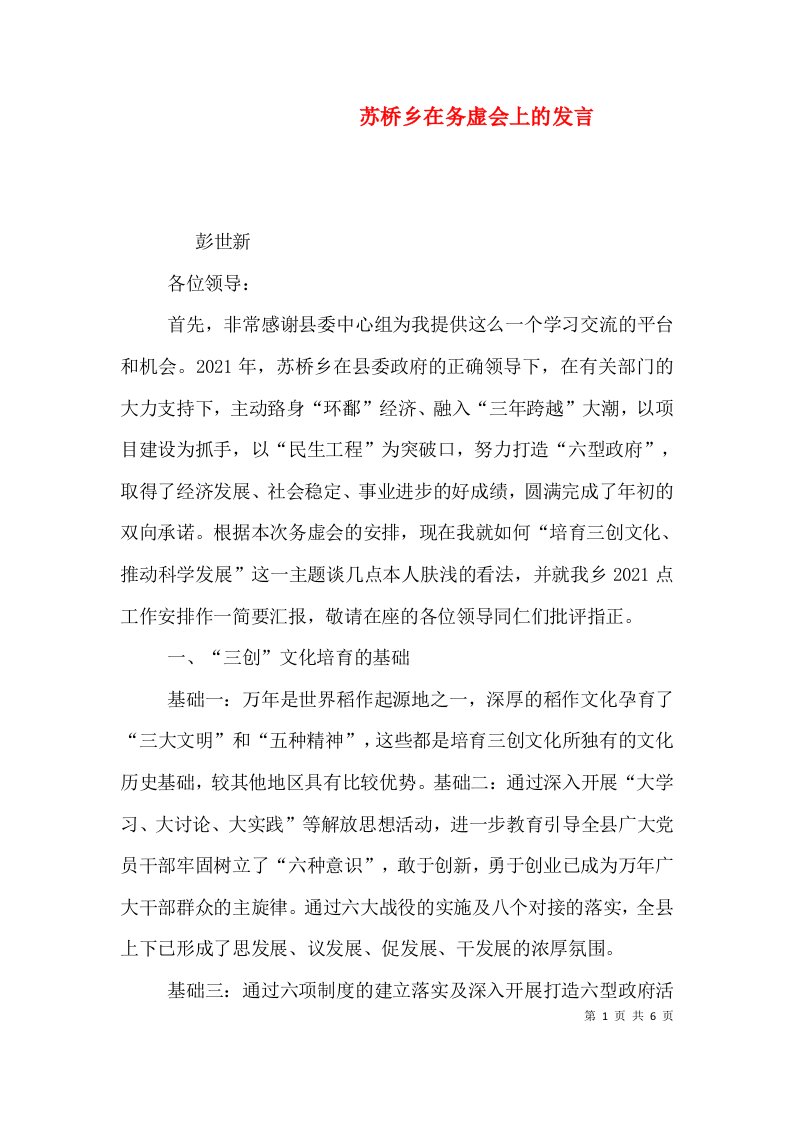 苏桥乡在务虚会上的发言（三）