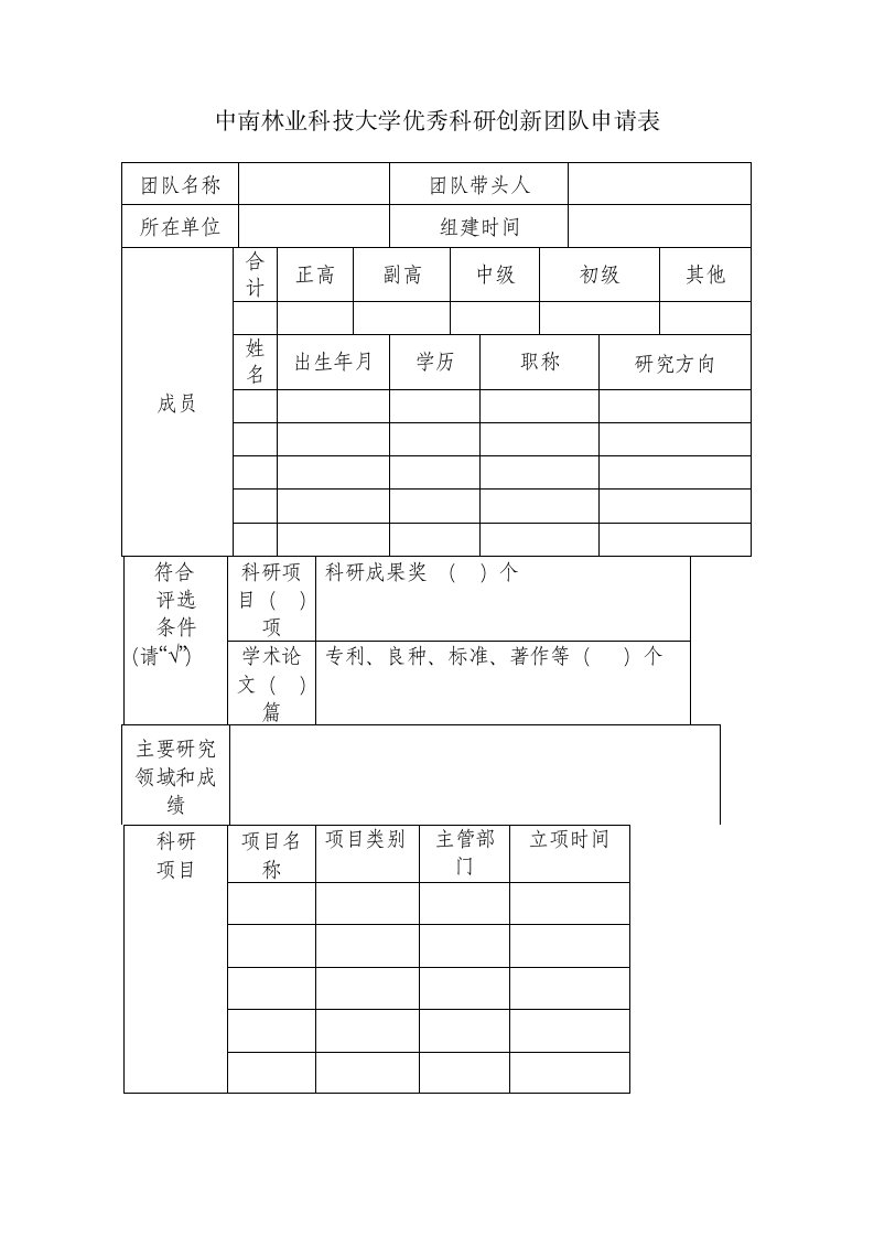 中南林业科技大学优秀科研创新团队申请表