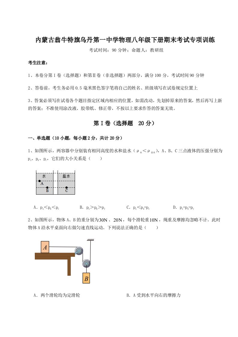 专题对点练习内蒙古翁牛特旗乌丹第一中学物理八年级下册期末考试专项训练试题（含详解）