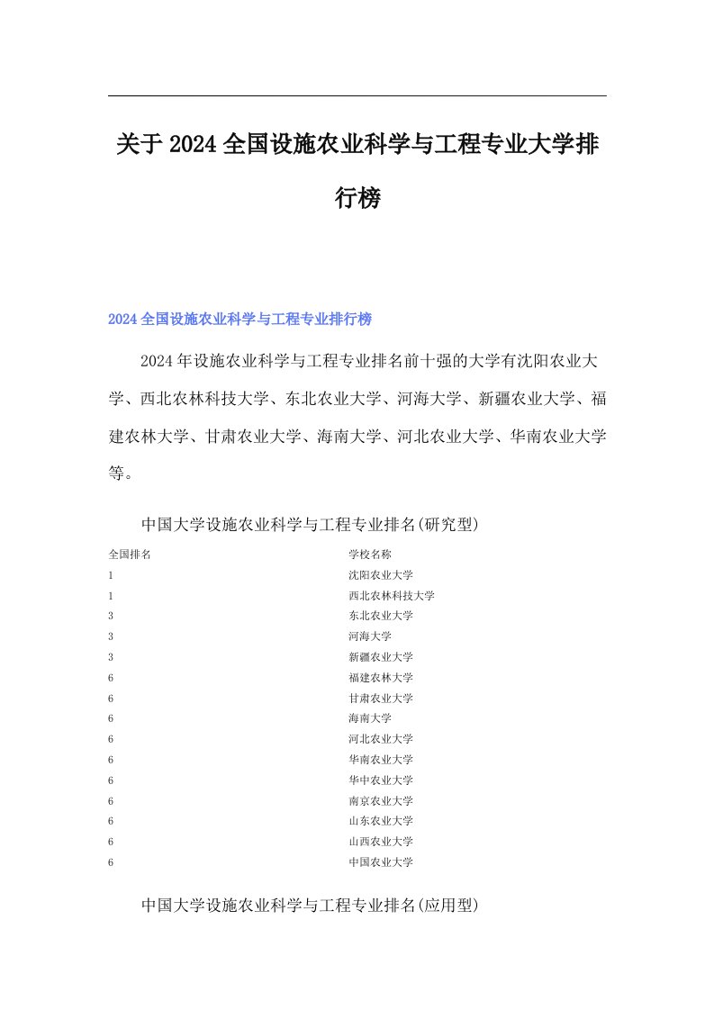 关于2024全国设施农业科学与工程专业大学排行榜