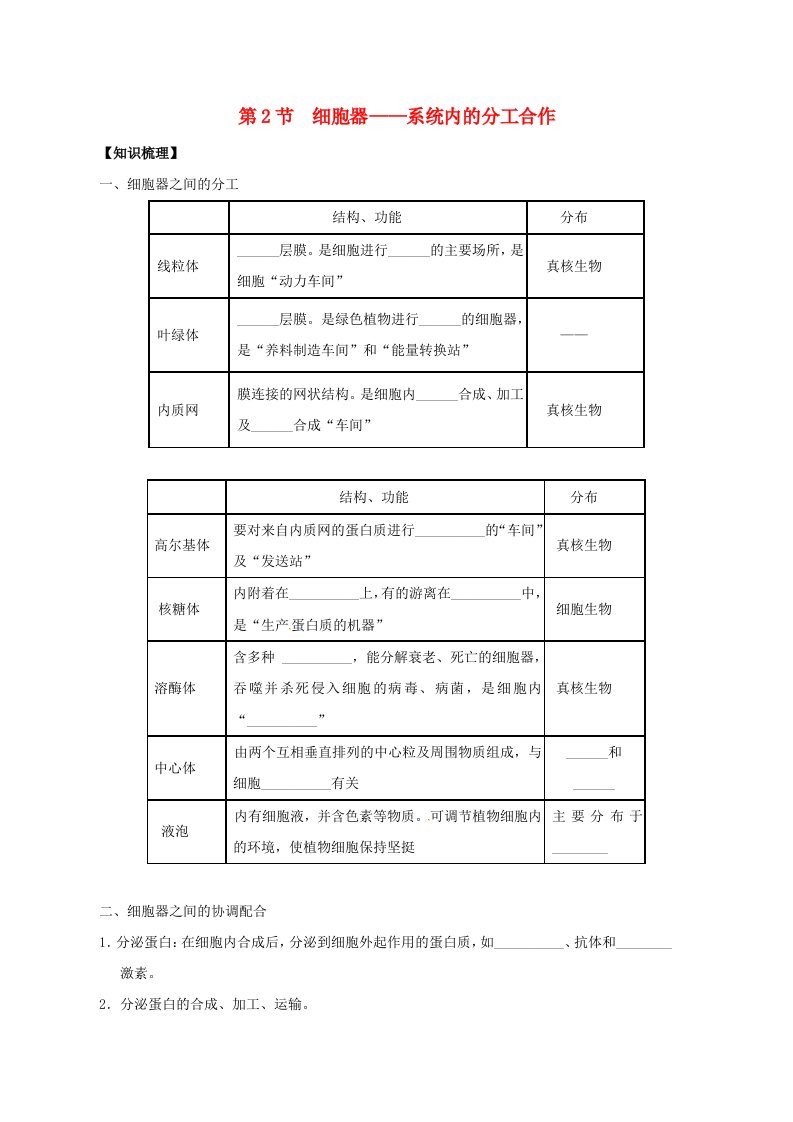 新疆兵团第二师华山中学高中生物3.2细胞器-系统内的分工合作学案无答案新人教版必修1