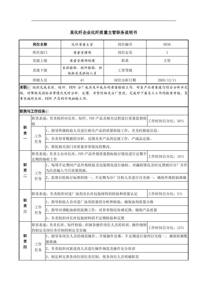 某化纤企业化纤质量主管职务说明书