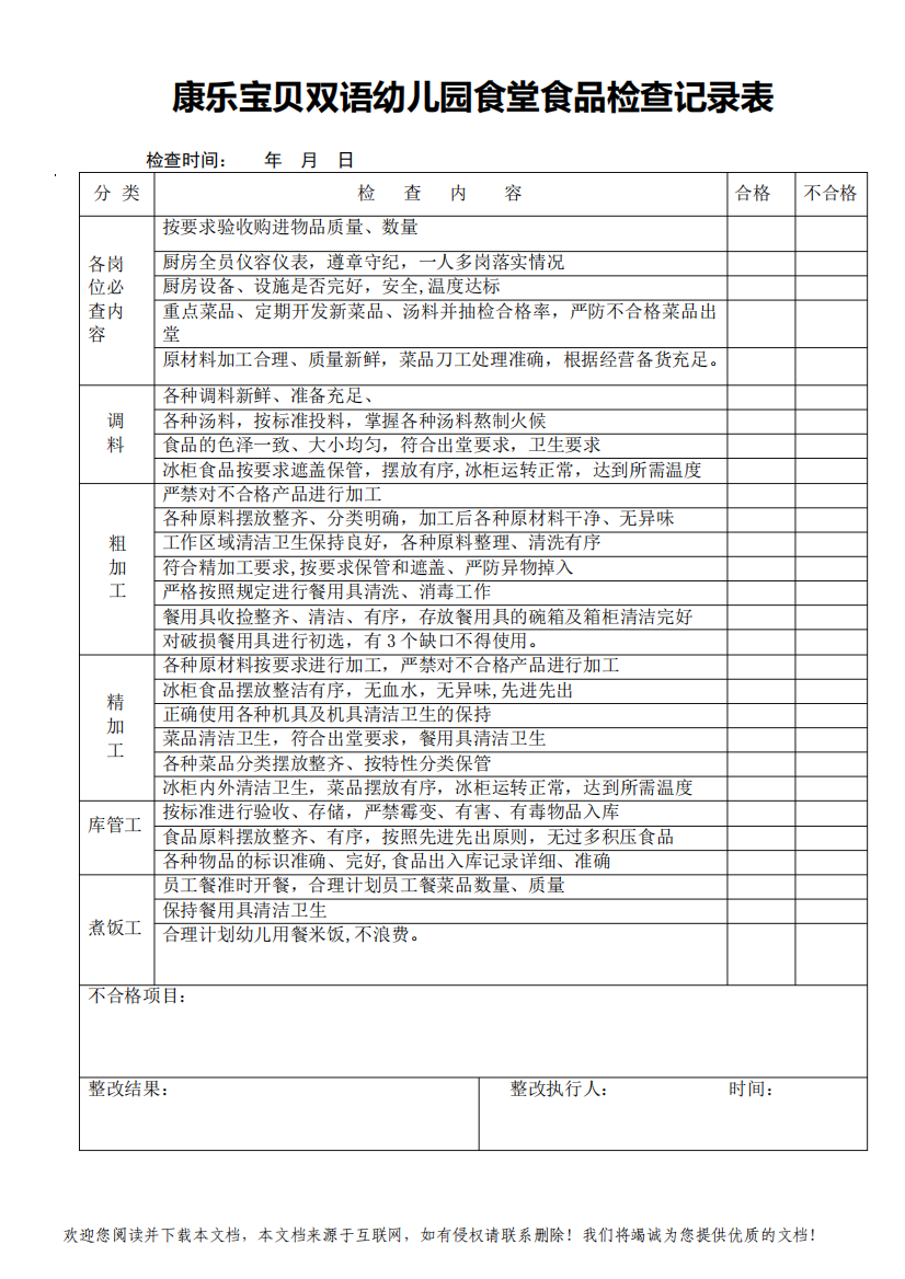 幼儿园食品安全检查记录表