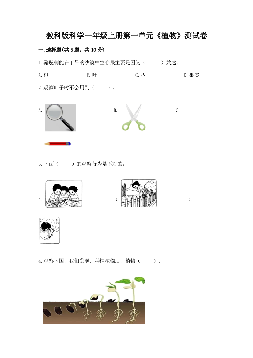 教科版科学一年级上册第一单元《植物》测试卷附参考答案AB卷