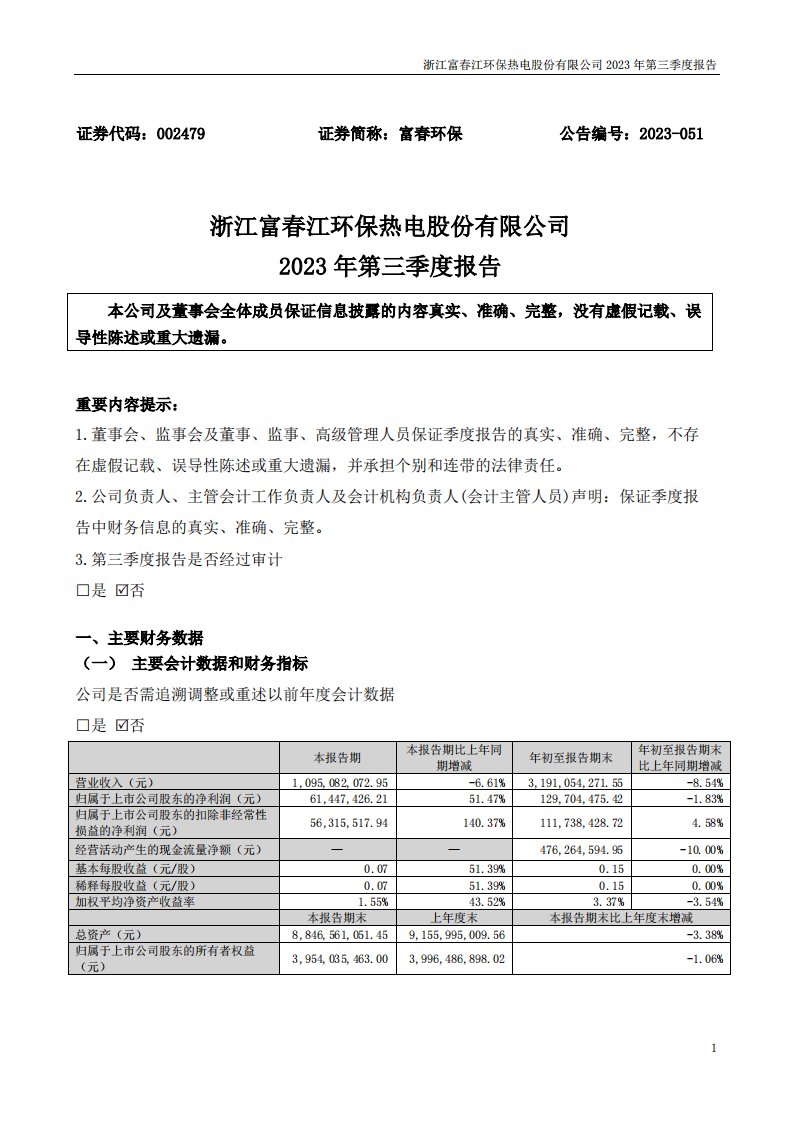 深交所-富春环保：2023年三季度报告-20231027