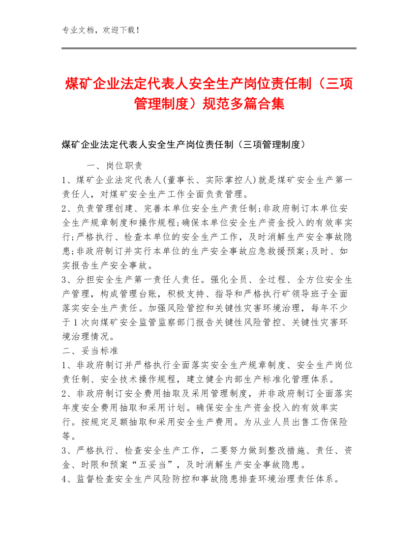 煤矿企业法定代表人安全生产岗位责任制（三项管理制度）规范多篇合集