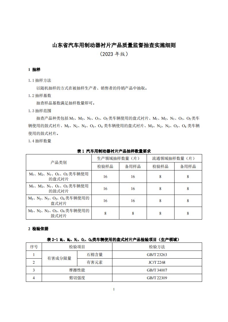 山东省汽车用制动器衬片产品质量监督抽查实施细则（2023年）