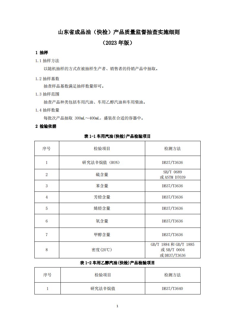 山东省成品油（快检）产品质量监督抽查实施细则（2023年）