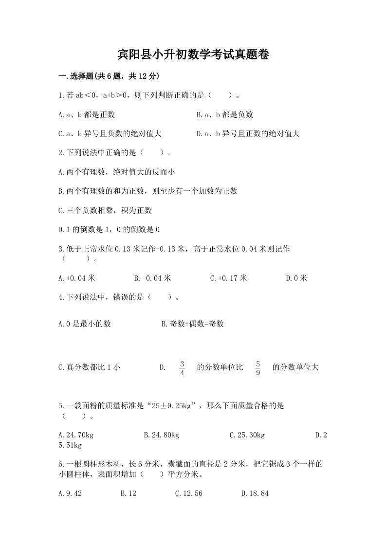 宾阳县小升初数学考试真题卷新版