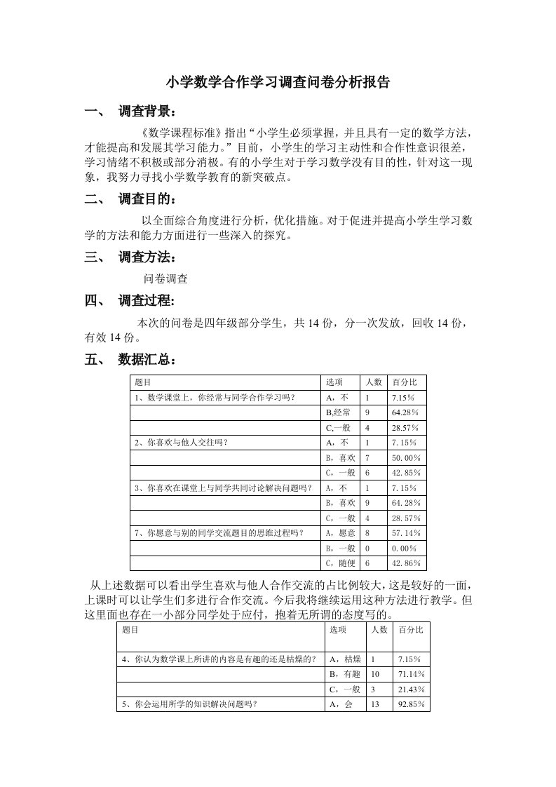 小学数学合作学习调查问卷分析报告