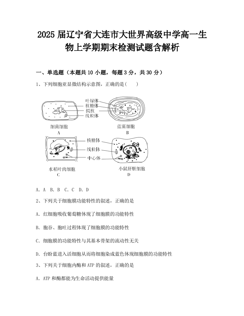 2025届辽宁省大连市大世界高级中学高一生物上学期期末检测试题含解析