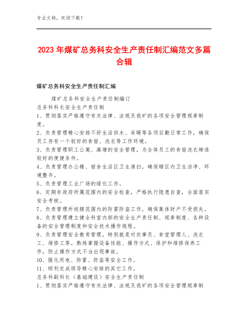 2023年煤矿总务科安全生产责任制汇编范文多篇合辑