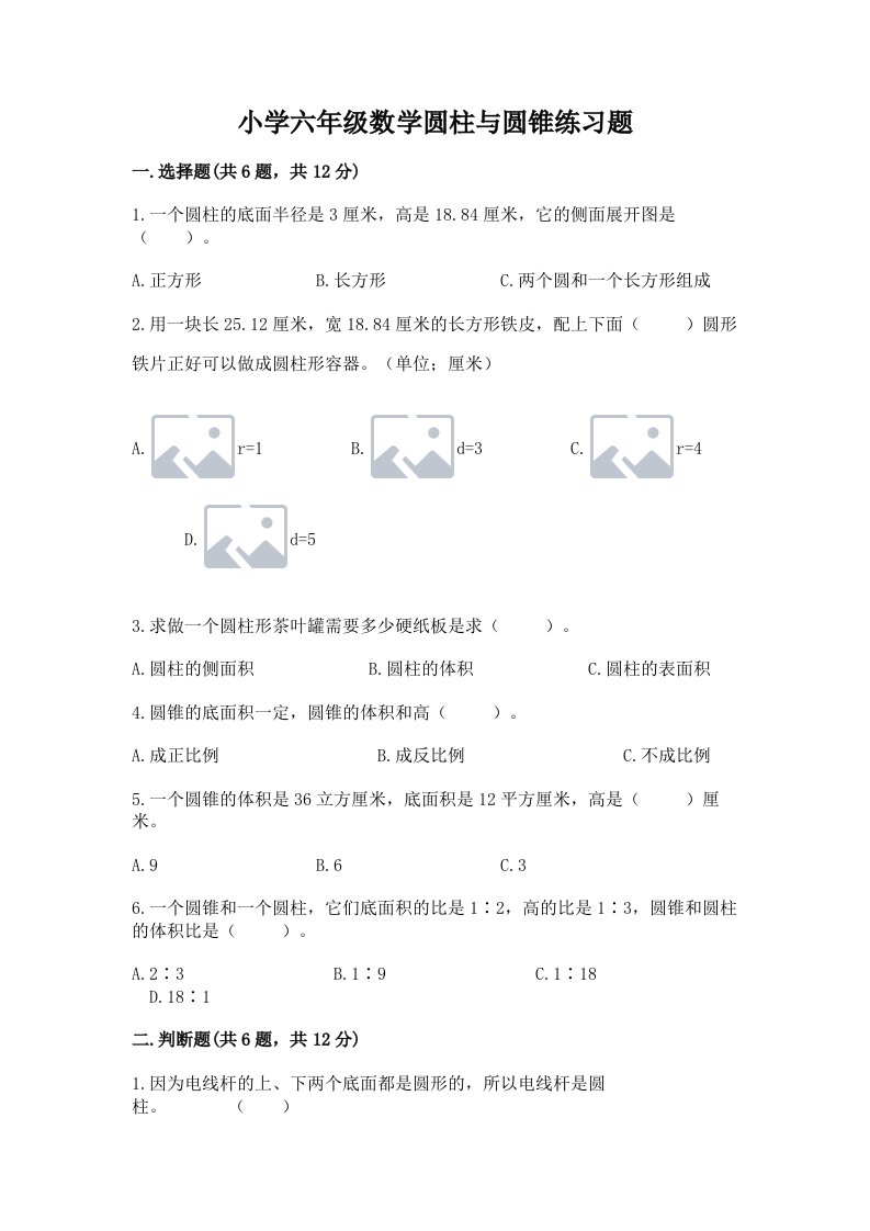 小学六年级数学圆柱与圆锥练习题附完整答案（典优）