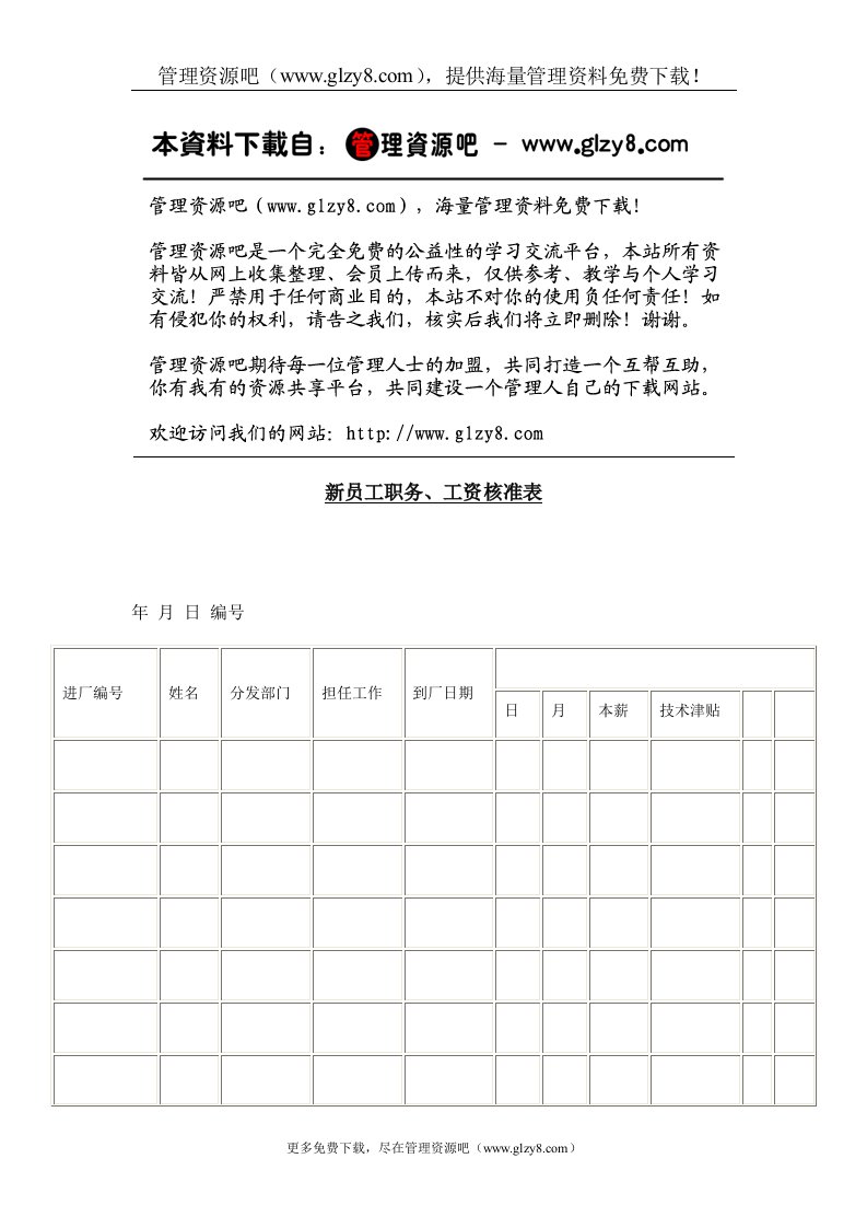 新员工职务、工资核准表