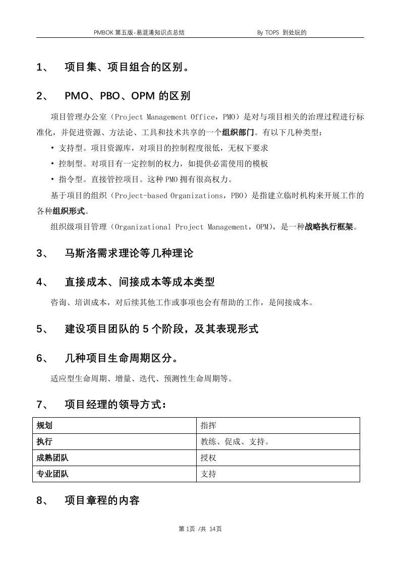 PMBOK第五版-PMP考试易混淆知识点总结