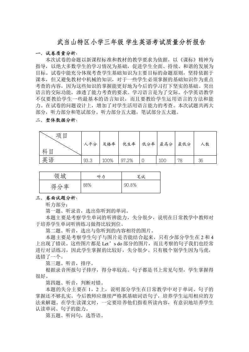 三年级英语考试质量分析报告