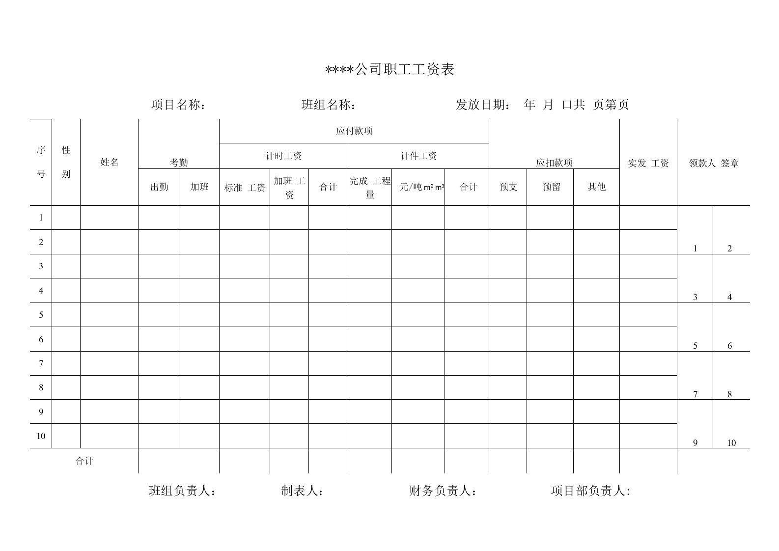 员工工资领取明细表（模板）