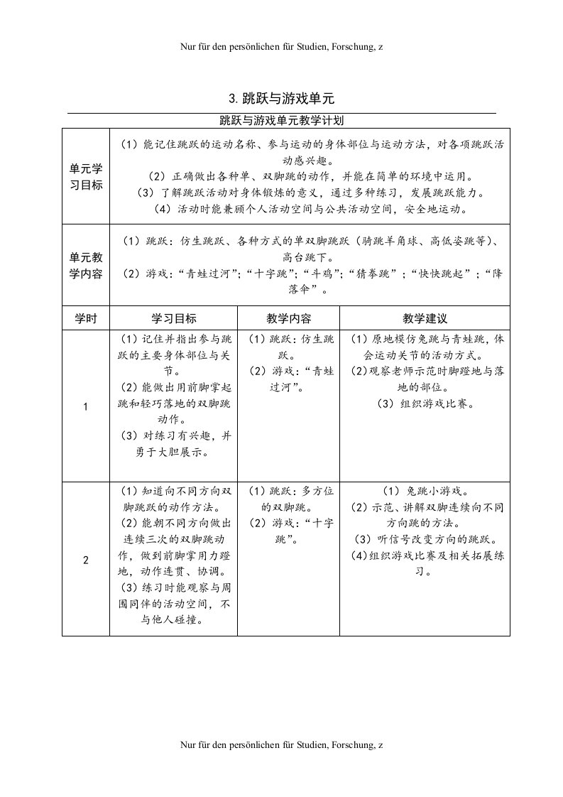 5一年级跳跃与游戏单元计划及各课时安排(1)