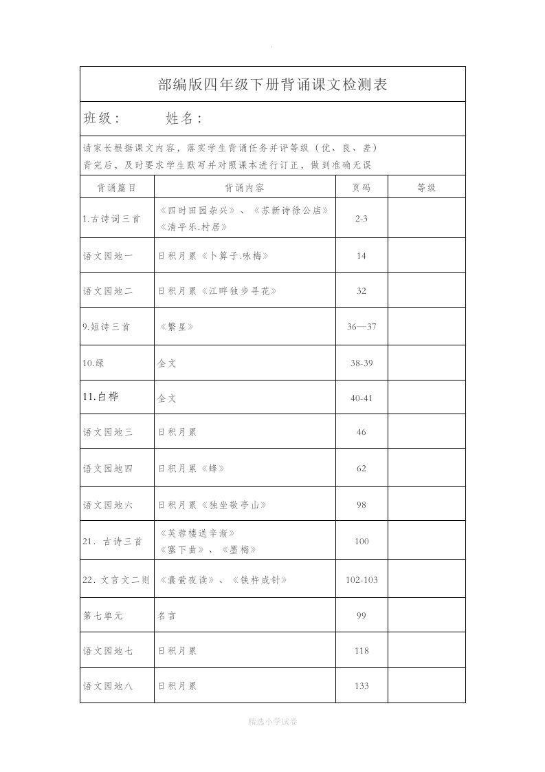 部编版四年级语文下册课文背诵检测表及必背内容