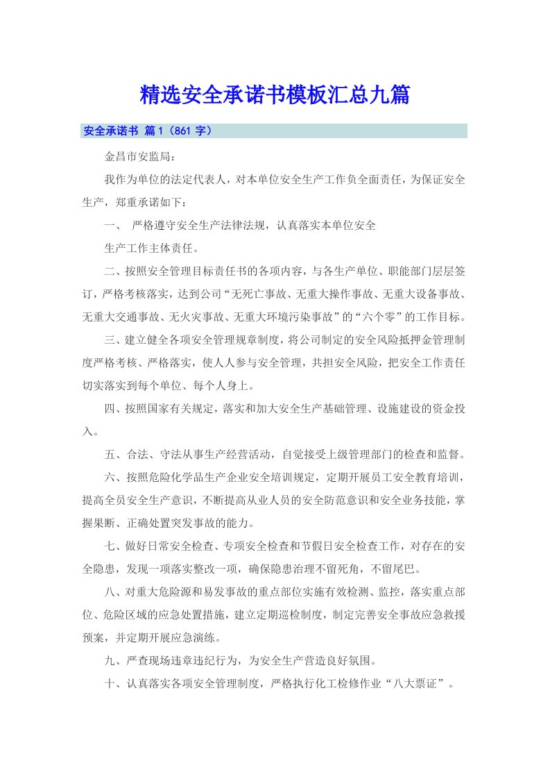 精选安全承诺书模板汇总九篇