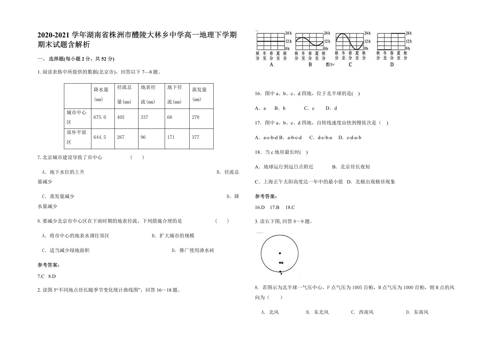 2020-2021学年湖南省株洲市醴陵大林乡中学高一地理下学期期末试题含解析