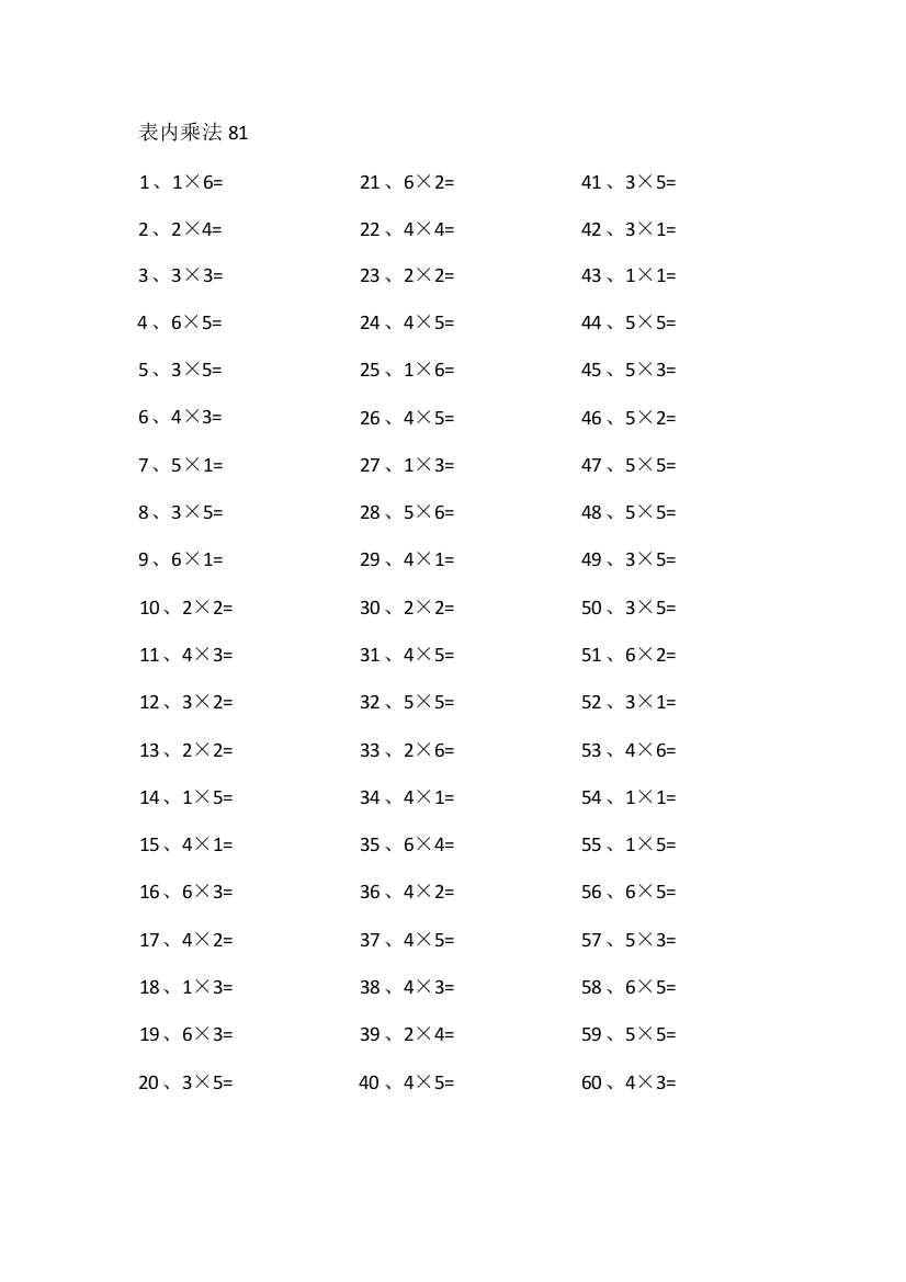 小学数学表内乘法第81-100篇（初级）