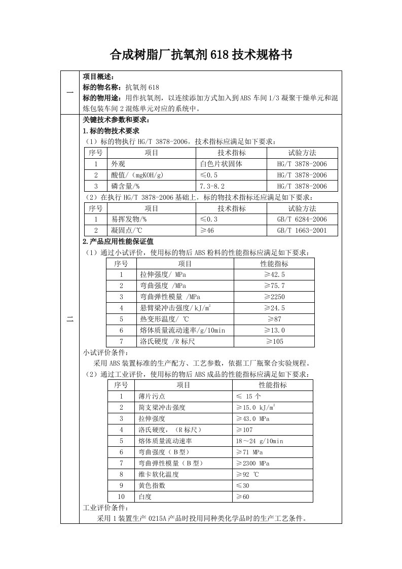 合成树脂厂抗氧剂618技术规格书