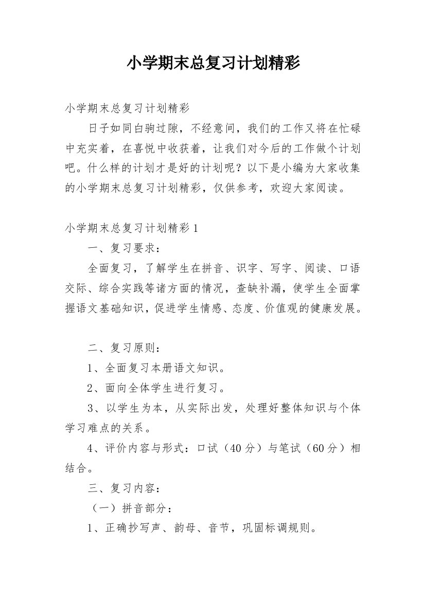 小学期末总复习计划精彩