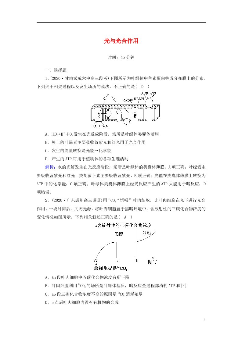 2021届高考生物一轮复习第三单元细胞的能量供应和利用第10讲光与光合作用A课时作业含解析新人教版