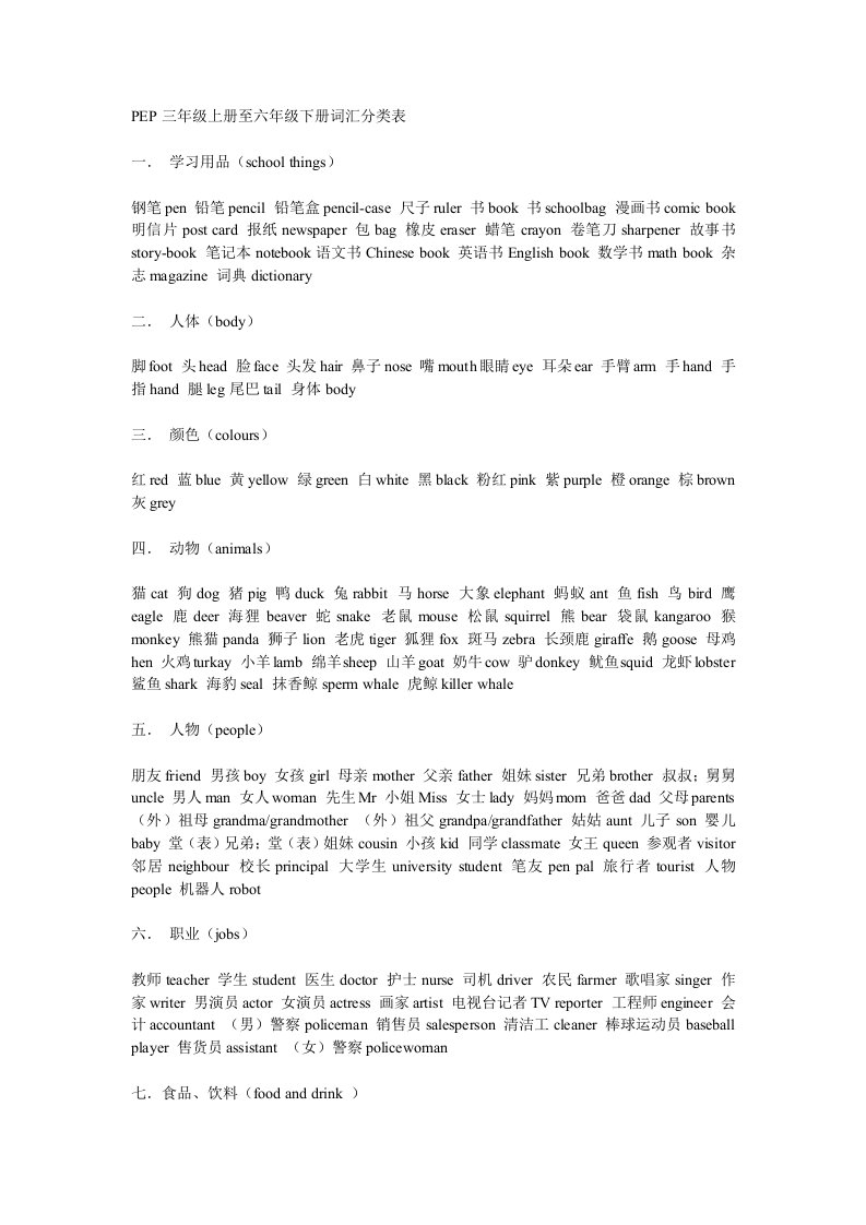 PEP三年级上册至六年级下册词汇分类表